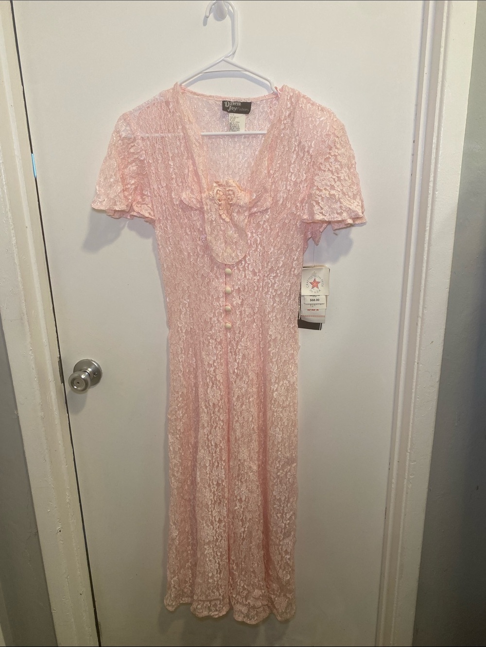 Soft Pink Lace Maxi Dress with Ruffle Collar